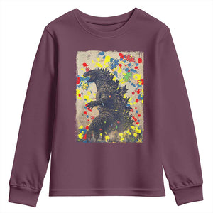 Funny Autism Awareness Japanese Giant Monster Youth Sweatshirt Colorful Puzzles TS11 Maroon Print Your Wear