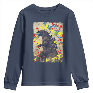 Funny Autism Awareness Japanese Giant Monster Youth Sweatshirt Colorful Puzzles TS11 Navy Print Your Wear