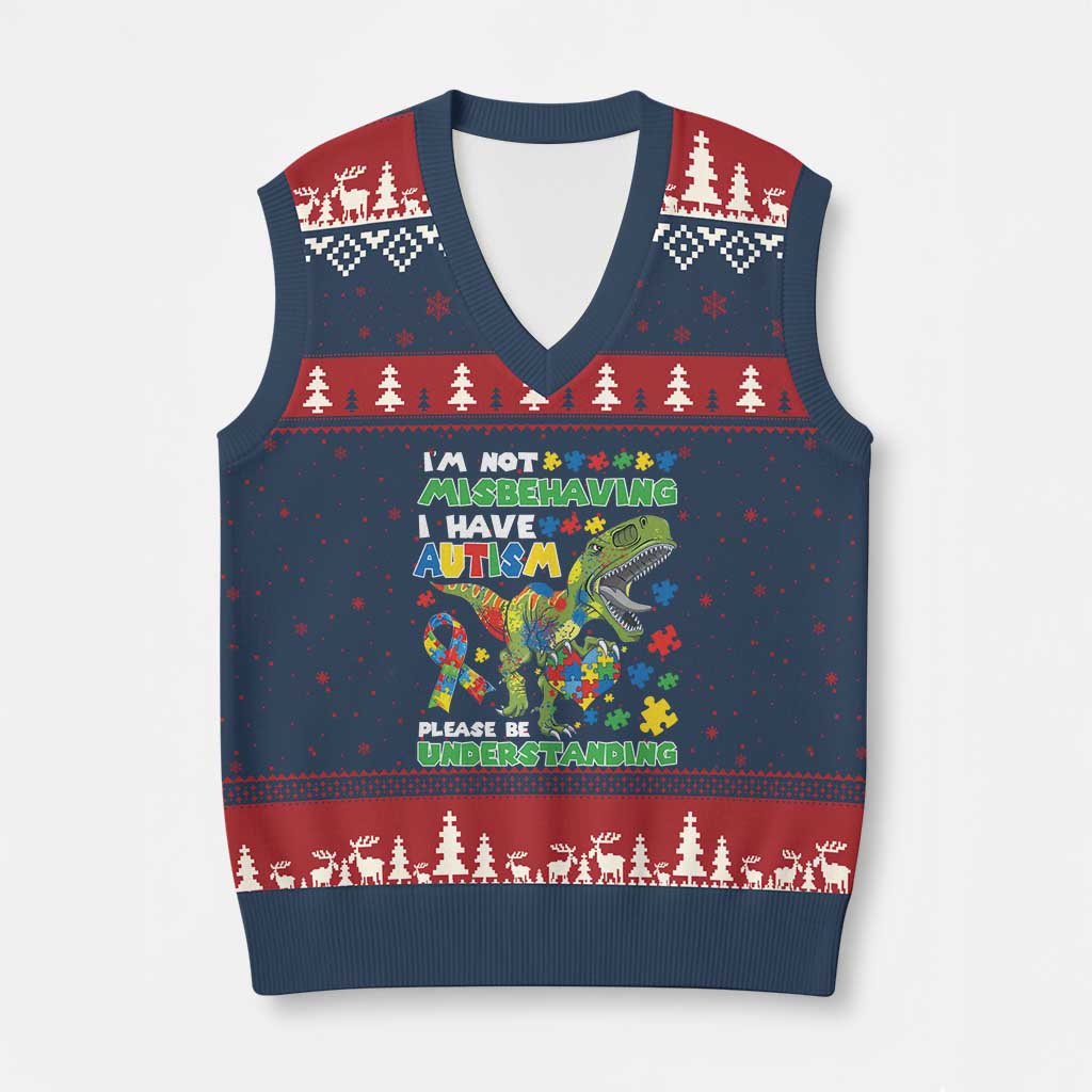 Funny Autism Awareness Dinosaur V-Neck Knit Sweater Vest I'm Not Misbehaving I Have Autism Please Be Understanding TS11 Navy Red Print Your Wear