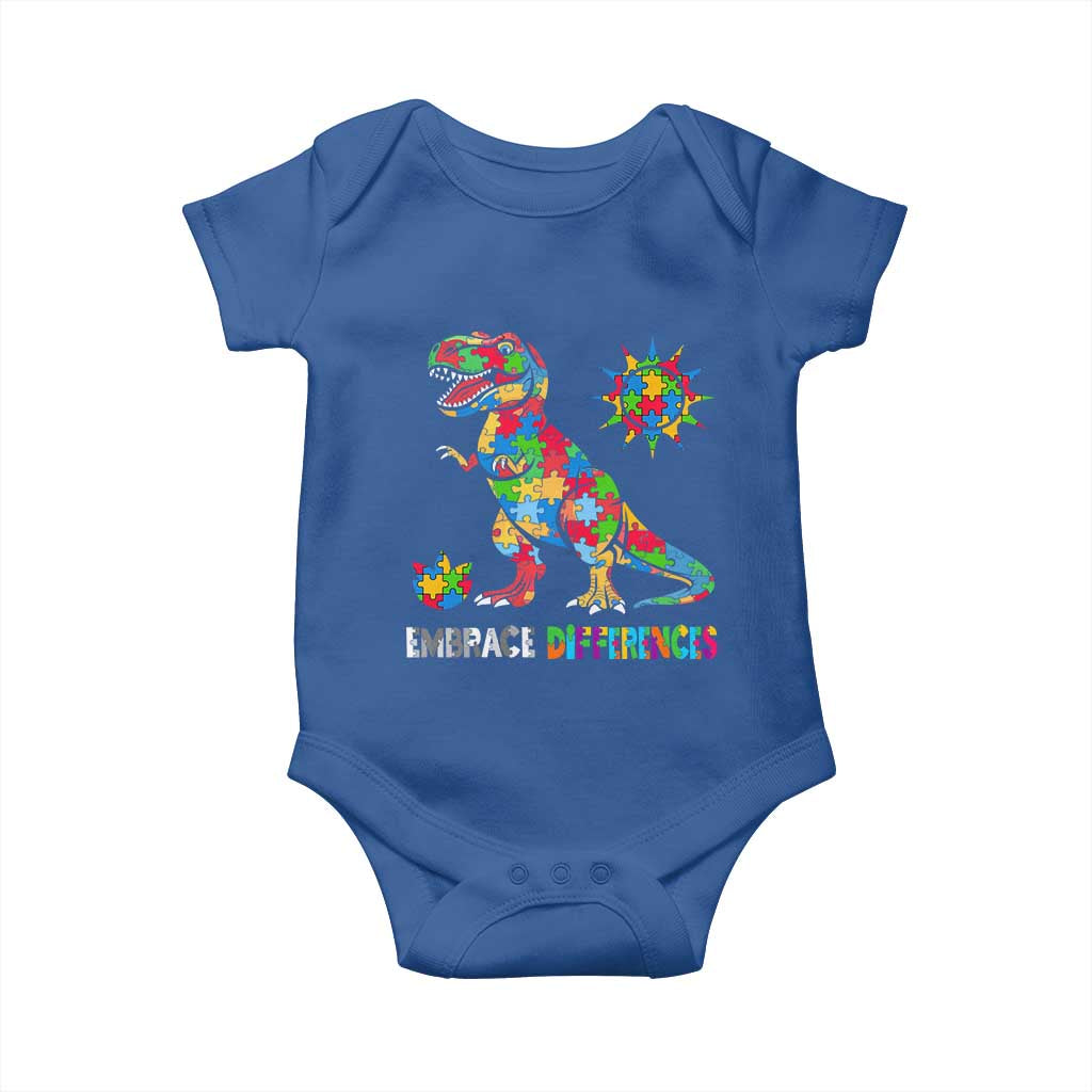 Funny Autism Awareness Embrace Differences Baby Onesie Puzzle Dinosaur TS11 Royal Blue Print Your Wear