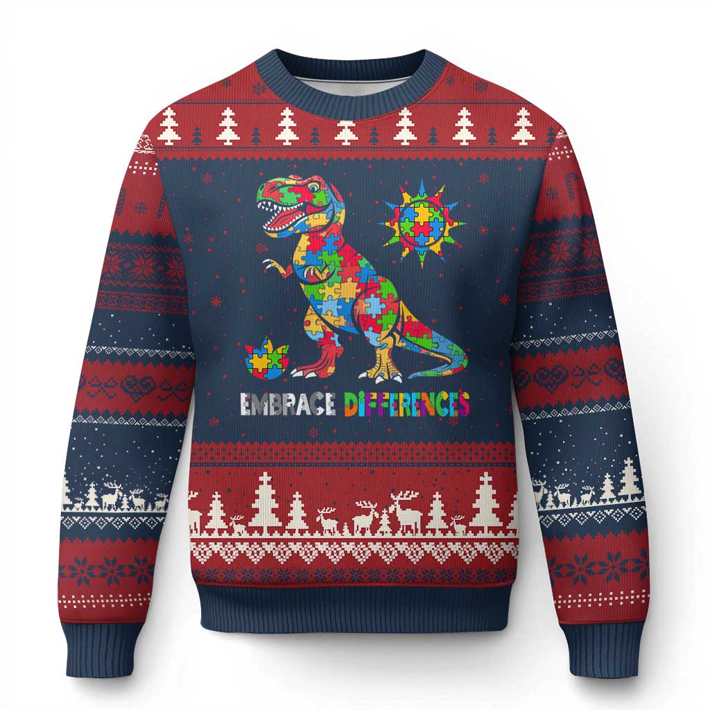 Funny Autism Awareness Embrace Differences Ugly Christmas Sweater Puzzle Dinosaur TS11 Navy Red Print Your Wear