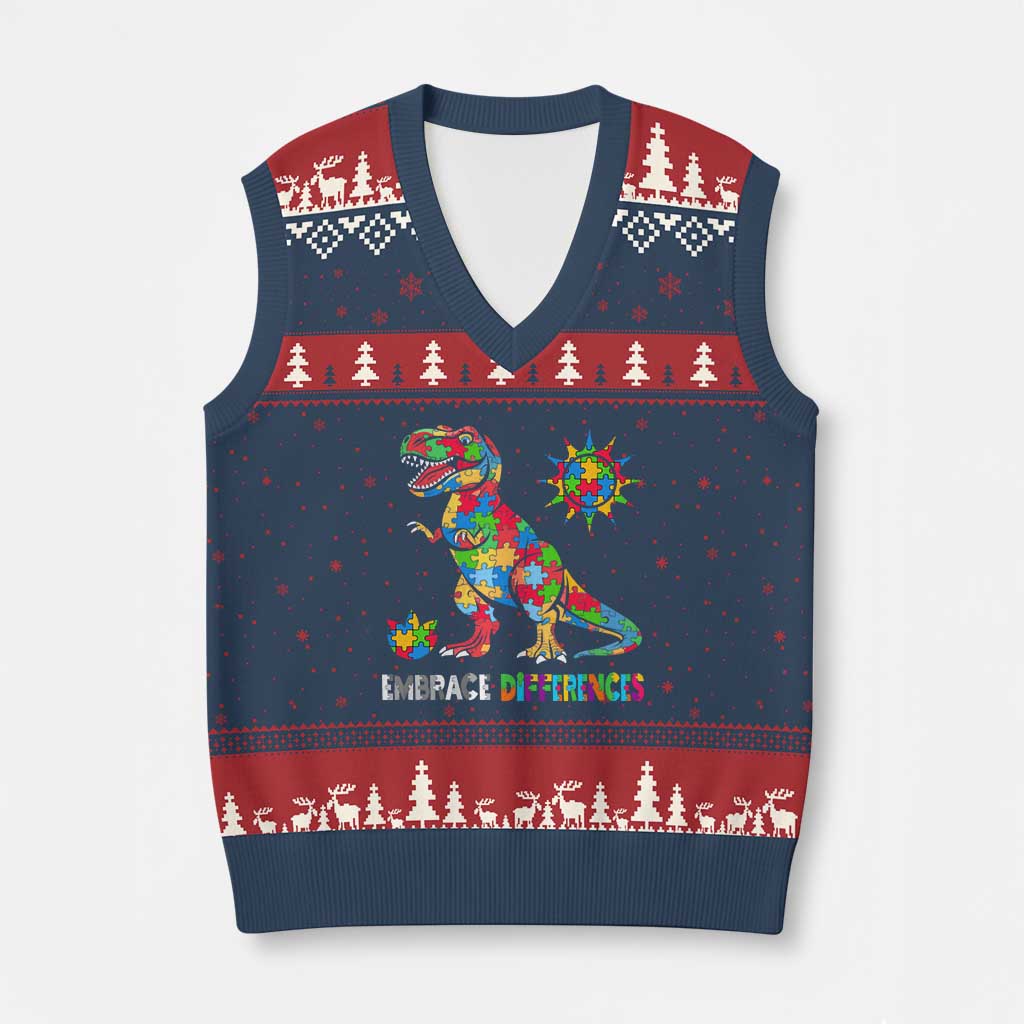 Funny Autism Awareness Embrace Differences V-Neck Knit Sweater Vest Puzzle Dinosaur TS11 Navy Red Print Your Wear