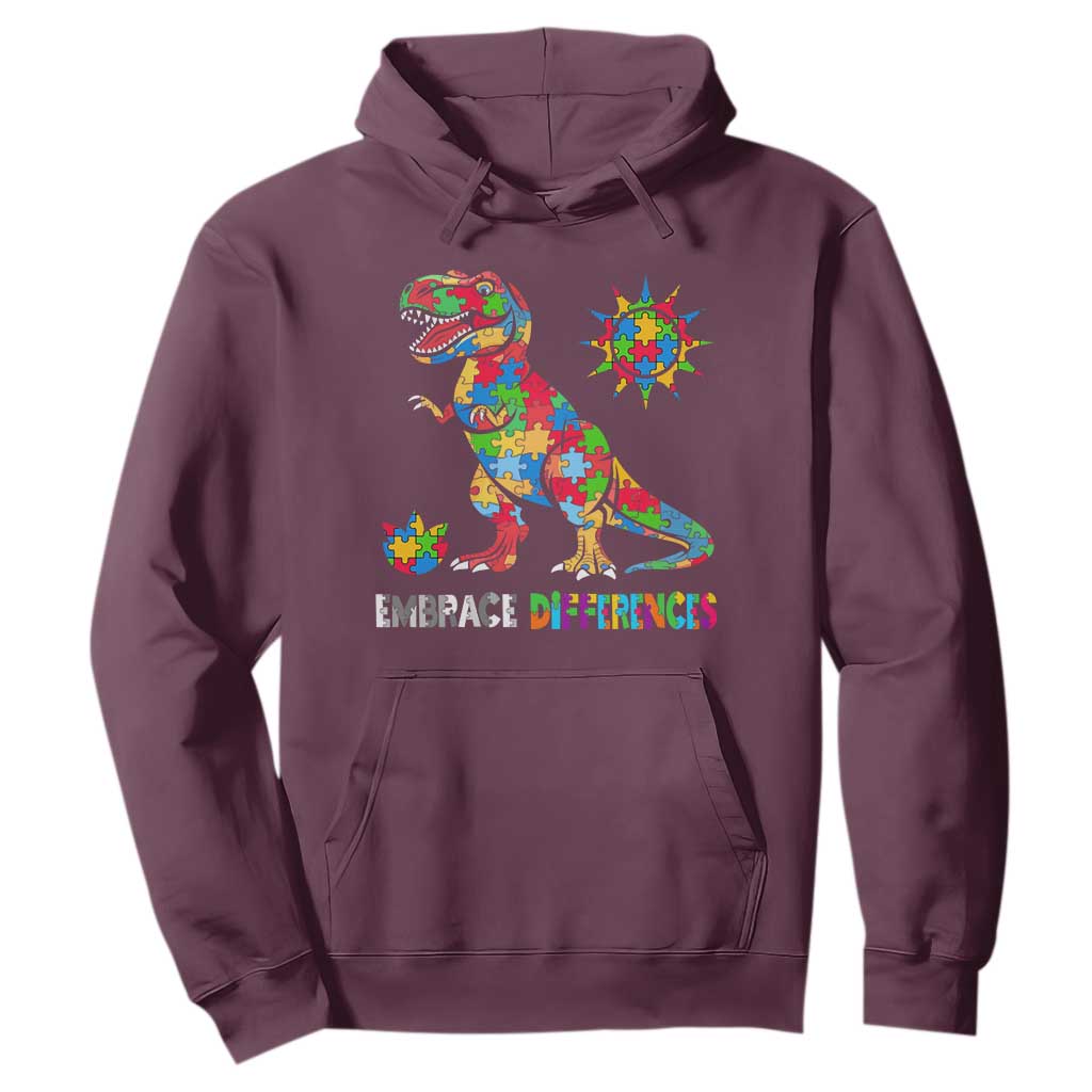 Funny Autism Awareness Embrace Differences Hoodie Puzzle Dinosaur TS11 Maroon Print Your Wear