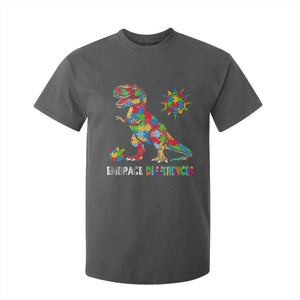 Funny Autism Awareness Embrace Differences T Shirt For Kid Puzzle Dinosaur TS11 Dark Heather Print Your Wear