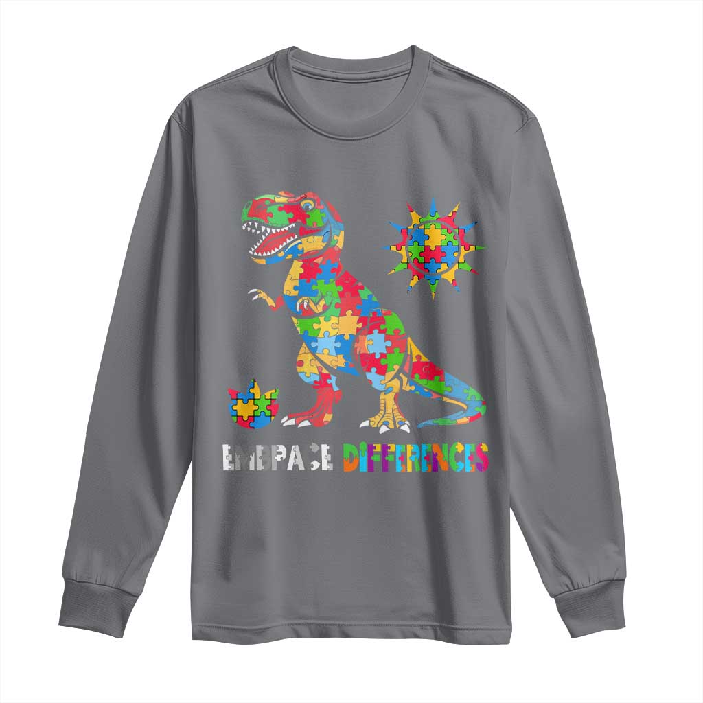 Funny Autism Awareness Embrace Differences Long Sleeve Shirt Puzzle Dinosaur TS11 Charcoal Print Your Wear