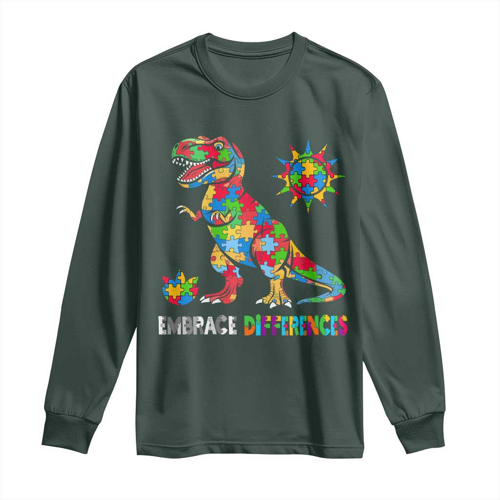 Funny Autism Awareness Embrace Differences Long Sleeve Shirt Puzzle Dinosaur TS11 Dark Forest Green Print Your Wear