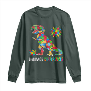 Funny Autism Awareness Embrace Differences Long Sleeve Shirt Puzzle Dinosaur TS11 Dark Forest Green Print Your Wear