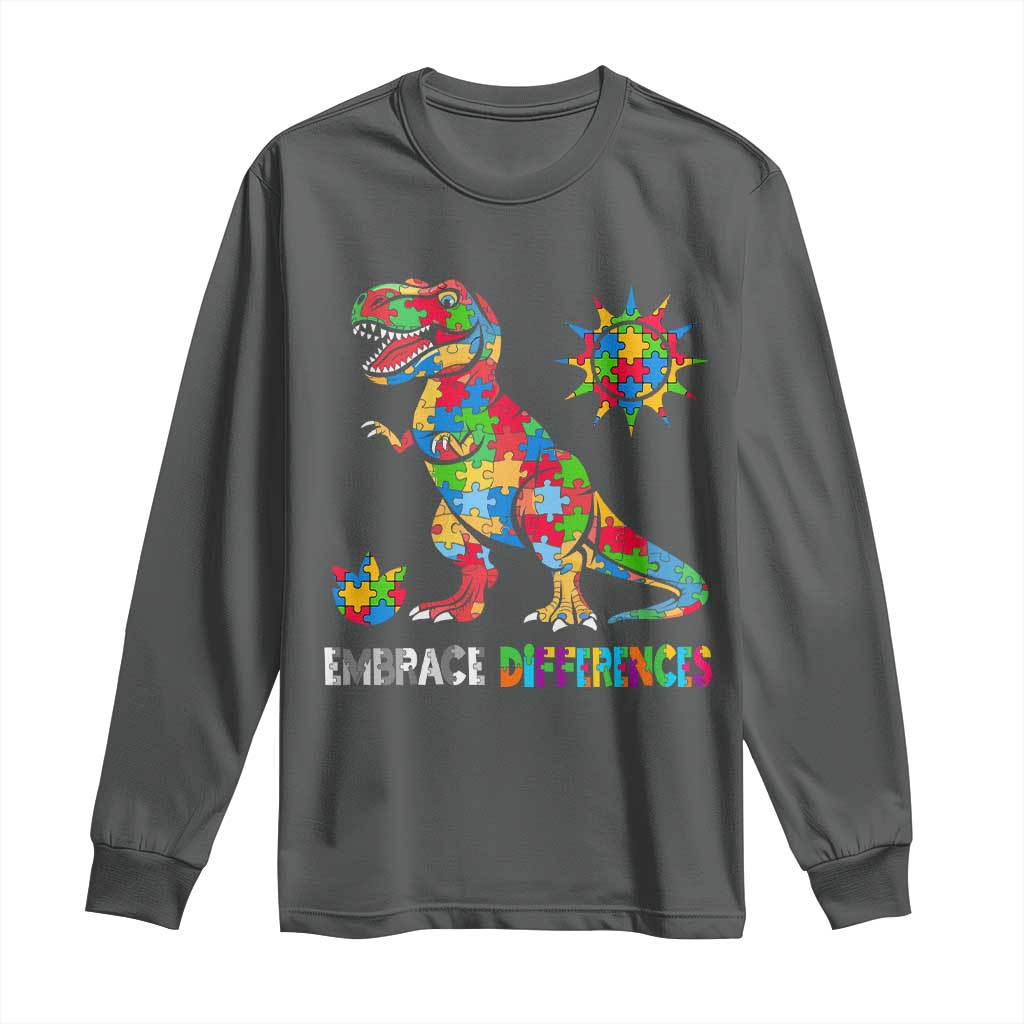 Funny Autism Awareness Embrace Differences Long Sleeve Shirt Puzzle Dinosaur TS11 Dark Heather Print Your Wear