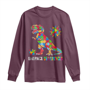 Funny Autism Awareness Embrace Differences Long Sleeve Shirt Puzzle Dinosaur TS11 Maroon Print Your Wear