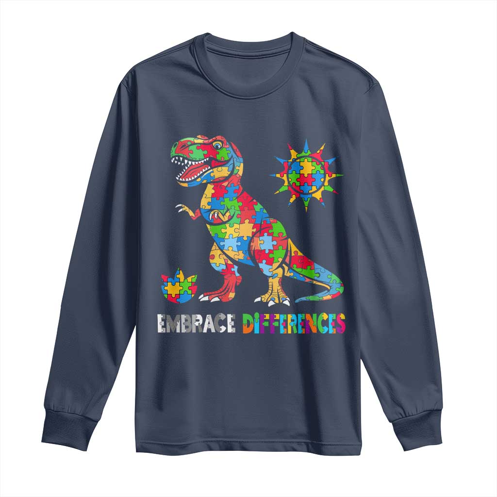 Funny Autism Awareness Embrace Differences Long Sleeve Shirt Puzzle Dinosaur TS11 Navy Print Your Wear