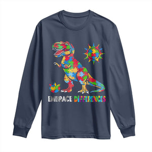 Funny Autism Awareness Embrace Differences Long Sleeve Shirt Puzzle Dinosaur TS11 Navy Print Your Wear