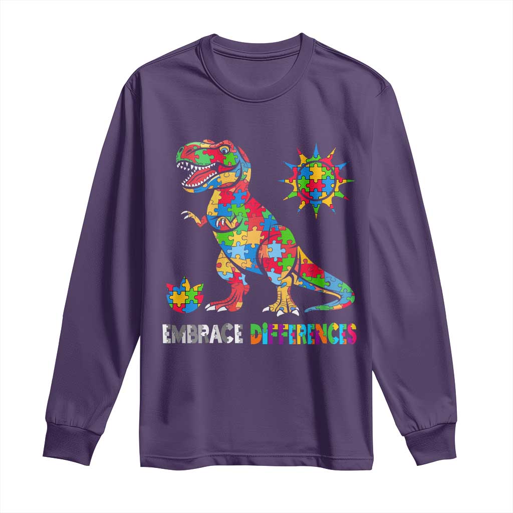 Funny Autism Awareness Embrace Differences Long Sleeve Shirt Puzzle Dinosaur TS11 Purple Print Your Wear