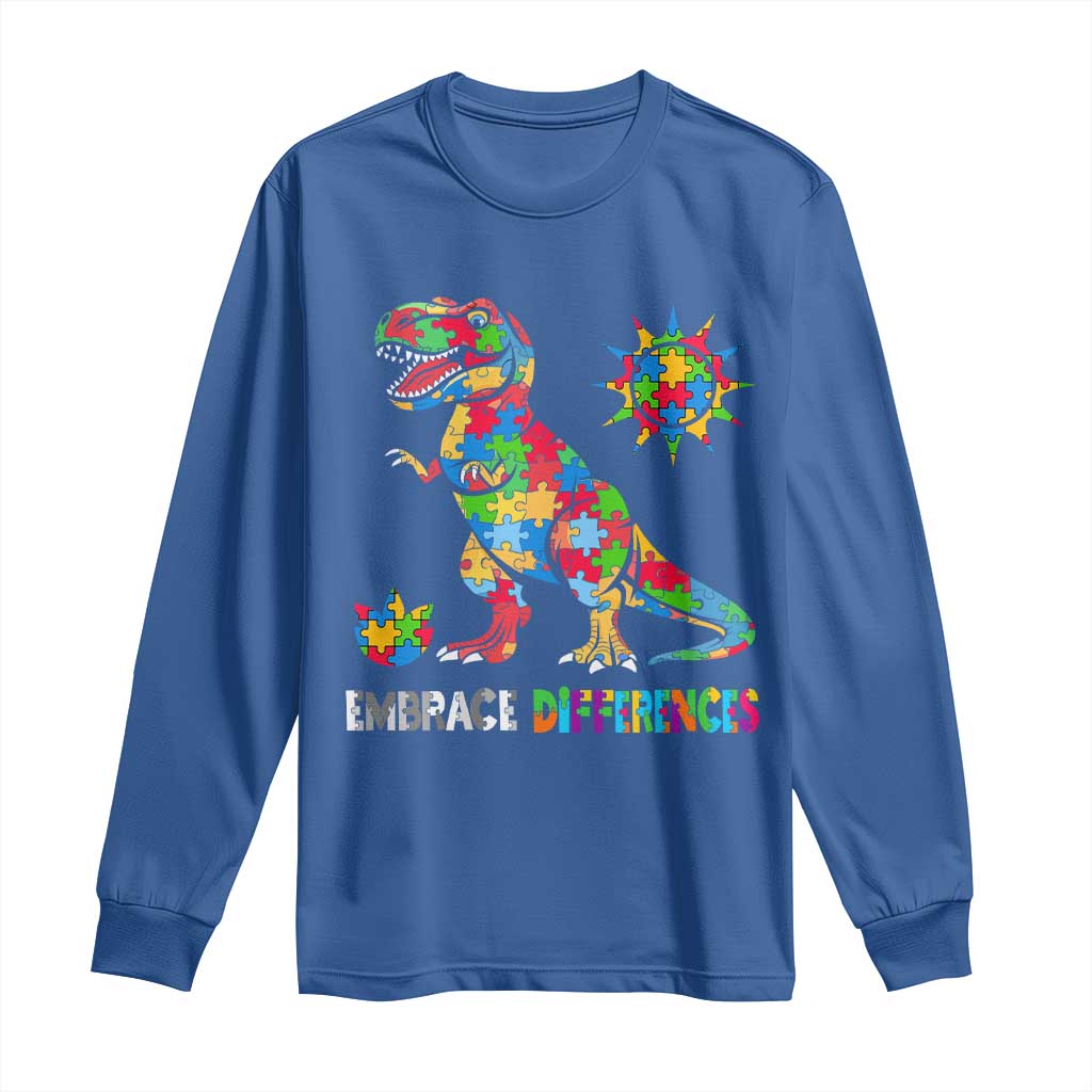 Funny Autism Awareness Embrace Differences Long Sleeve Shirt Puzzle Dinosaur TS11 Royal Blue Print Your Wear