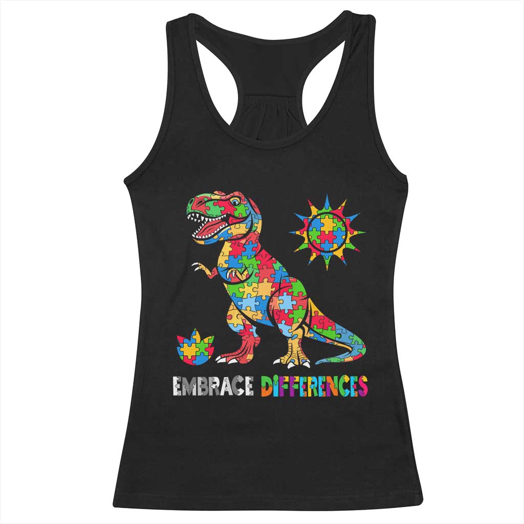 Funny Autism Awareness Embrace Differences Racerback Tank Top Puzzle Dinosaur TS11 Black Print Your Wear