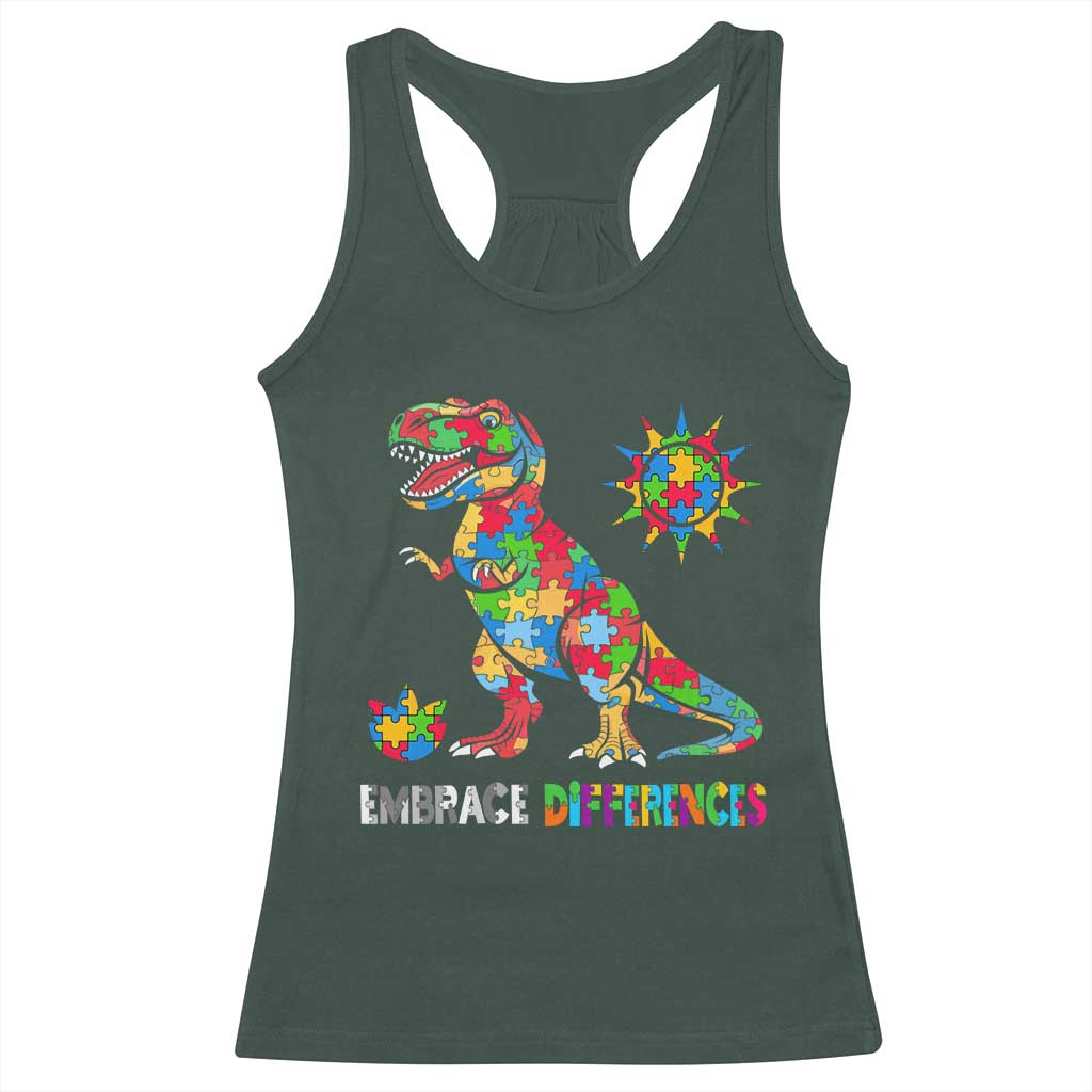 Funny Autism Awareness Embrace Differences Racerback Tank Top Puzzle Dinosaur TS11 Dark Forest Green Print Your Wear