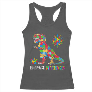 Funny Autism Awareness Embrace Differences Racerback Tank Top Puzzle Dinosaur TS11 Dark Heather Print Your Wear