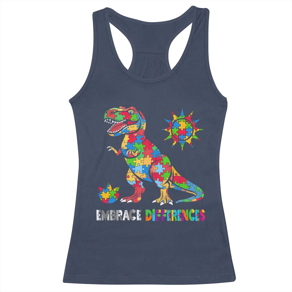 Funny Autism Awareness Embrace Differences Racerback Tank Top Puzzle Dinosaur TS11 Navy Print Your Wear