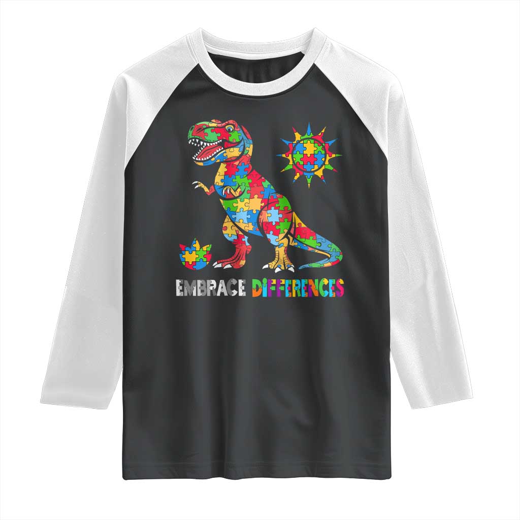 Funny Autism Awareness Embrace Differences Raglan Shirt Puzzle Dinosaur TS11 Black White Print Your Wear