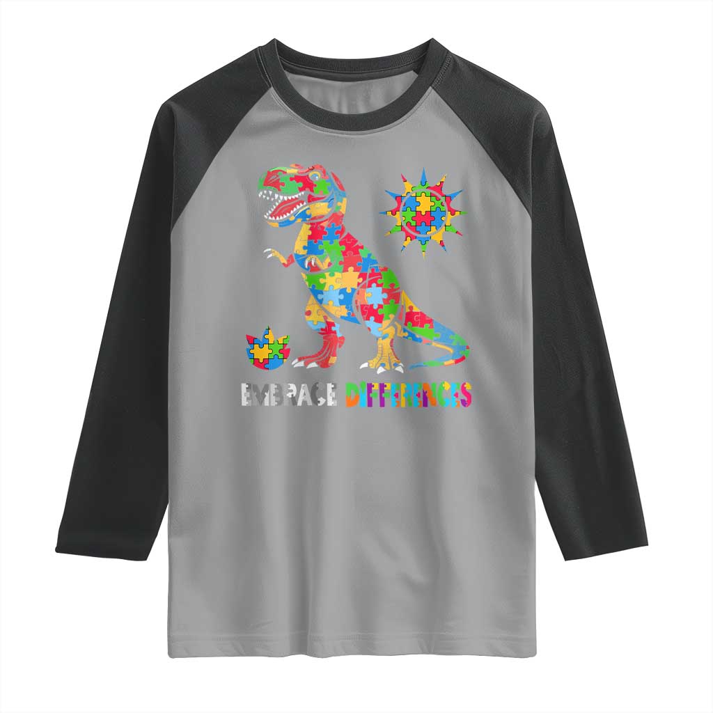 Funny Autism Awareness Embrace Differences Raglan Shirt Puzzle Dinosaur TS11 Sport Gray Black Print Your Wear