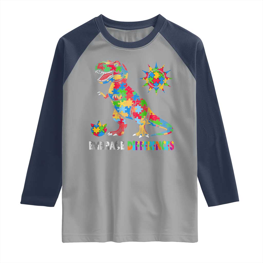 Funny Autism Awareness Embrace Differences Raglan Shirt Puzzle Dinosaur TS11 Sport Gray Navy Print Your Wear