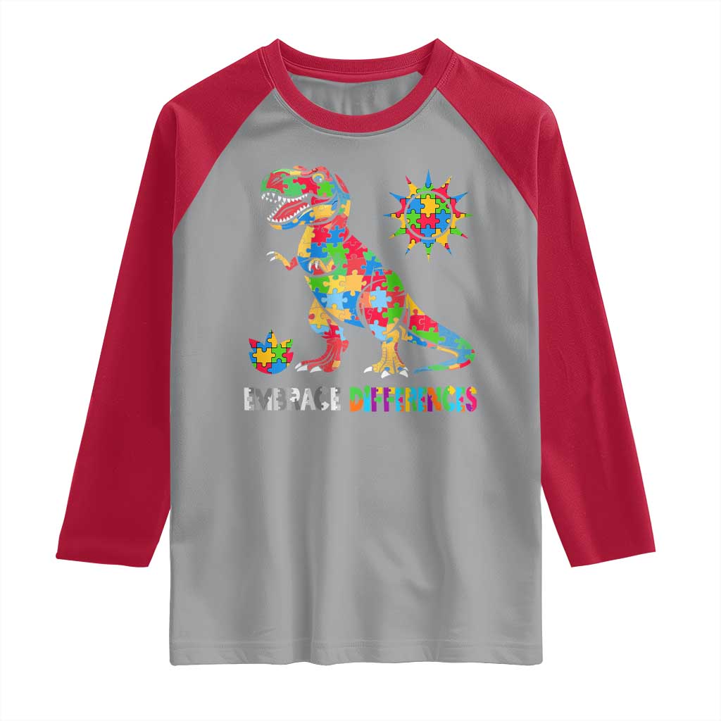 Funny Autism Awareness Embrace Differences Raglan Shirt Puzzle Dinosaur TS11 Sport Gray Red Print Your Wear