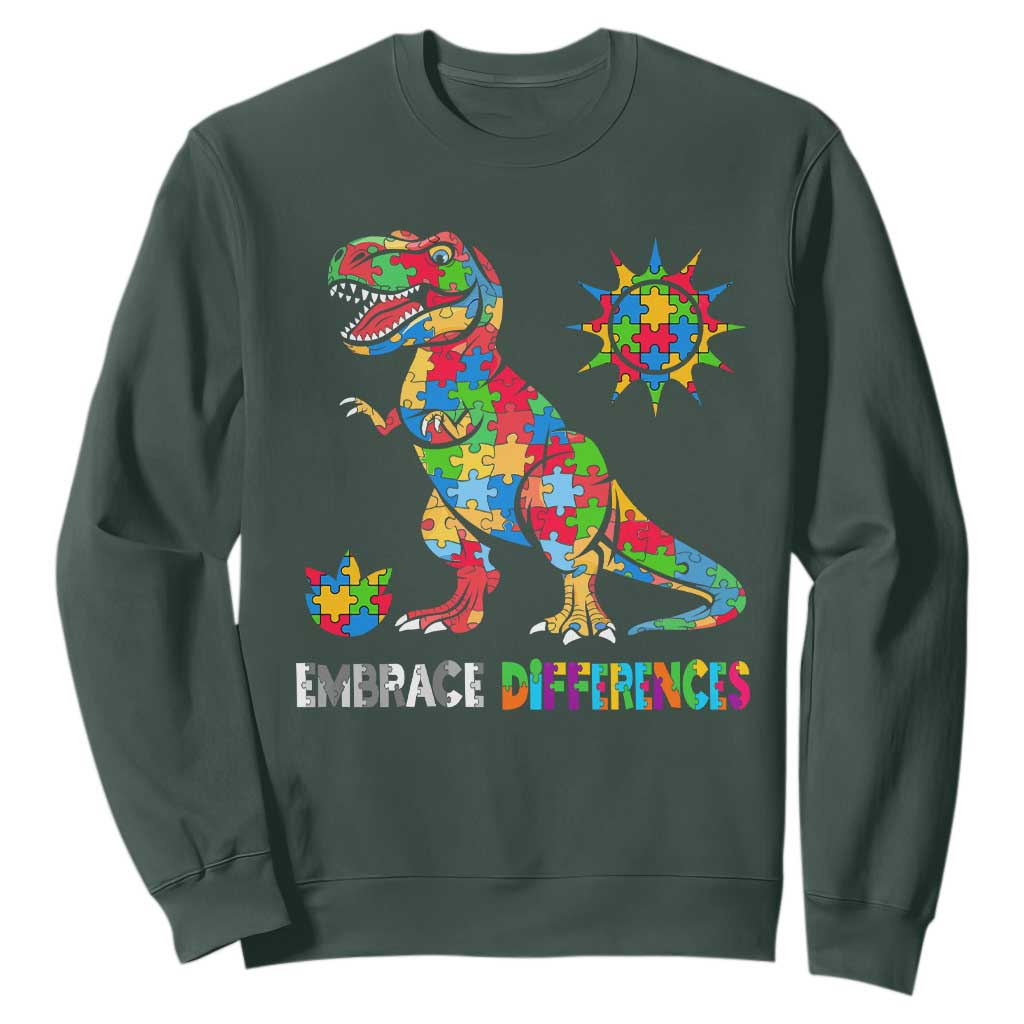 Funny Autism Awareness Embrace Differences Sweatshirt Puzzle Dinosaur TS11 Dark Forest Green Print Your Wear