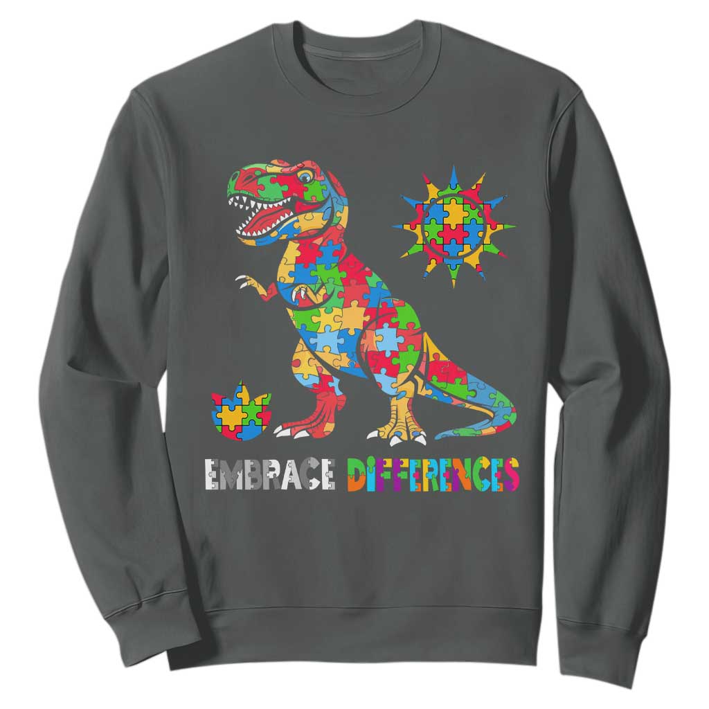 Funny Autism Awareness Embrace Differences Sweatshirt Puzzle Dinosaur TS11 Dark Heather Print Your Wear