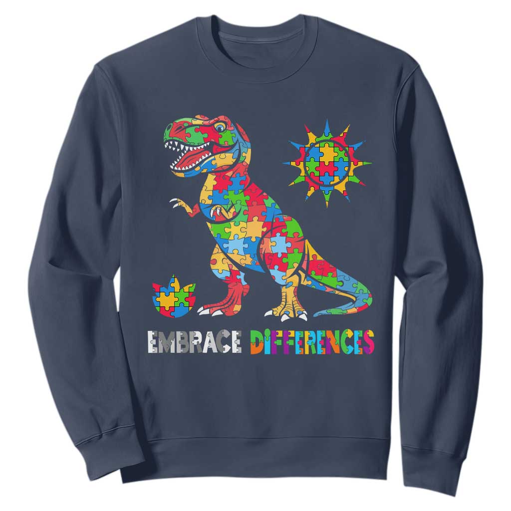 Funny Autism Awareness Embrace Differences Sweatshirt Puzzle Dinosaur TS11 Navy Print Your Wear