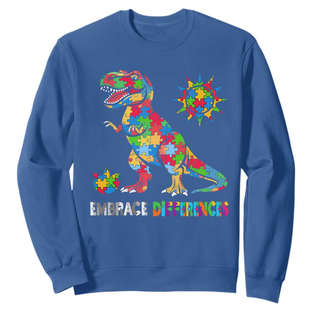 Funny Autism Awareness Embrace Differences Sweatshirt Puzzle Dinosaur TS11 Royal Blue Print Your Wear