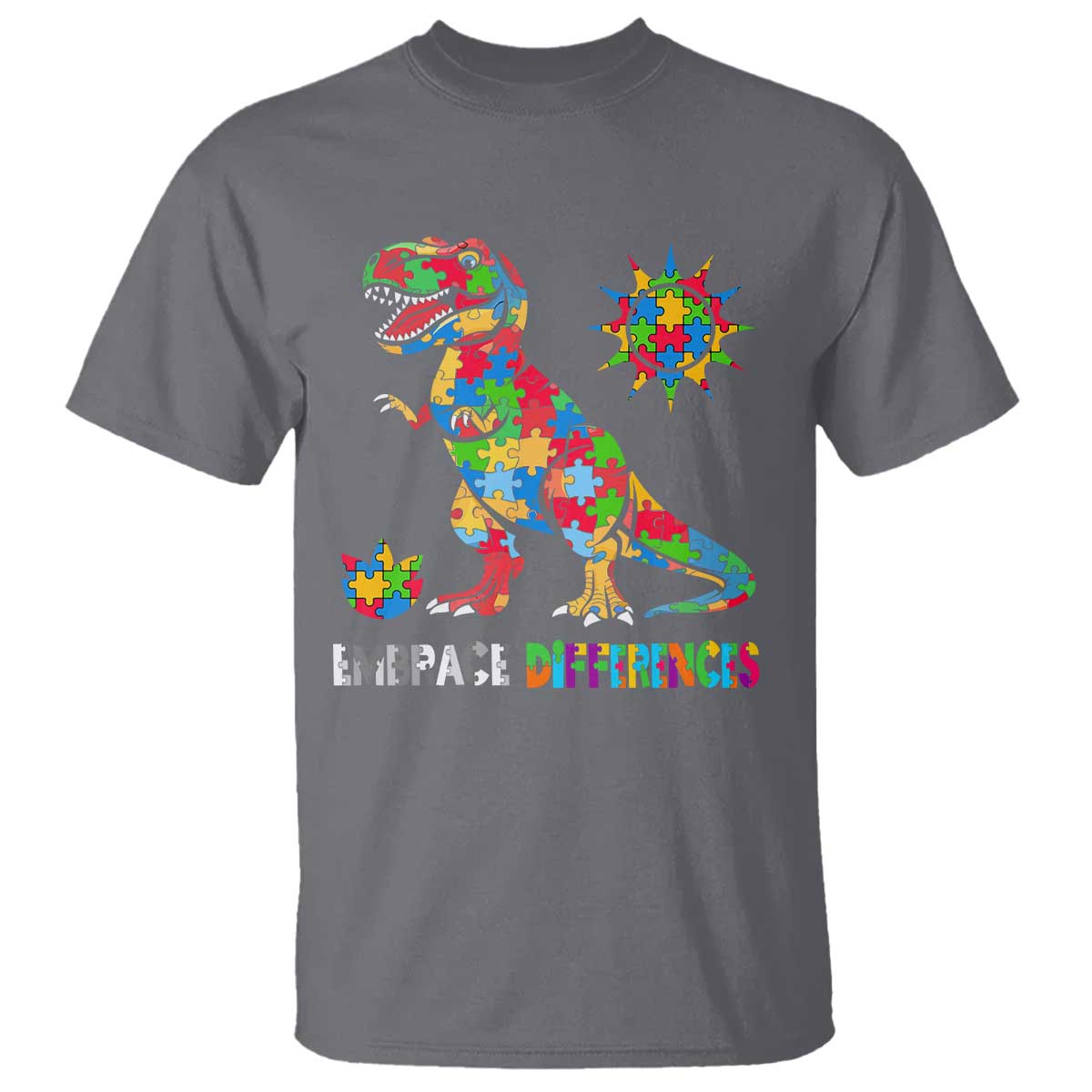 Funny Autism Awareness Embrace Differences T Shirt Puzzle Dinosaur TS11 Charcoal Print Your Wear