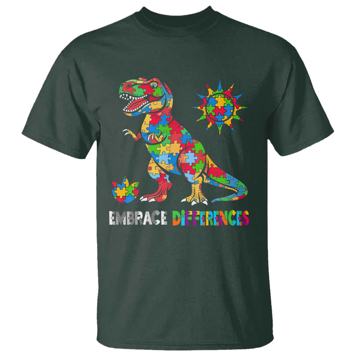 Funny Autism Awareness Embrace Differences T Shirt Puzzle Dinosaur TS11 Dark Forest Green Print Your Wear