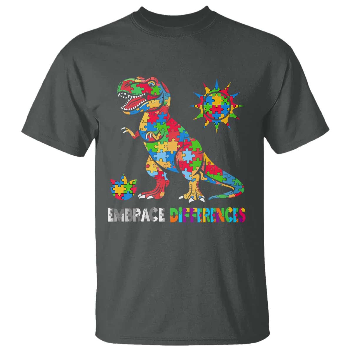 Funny Autism Awareness Embrace Differences T Shirt Puzzle Dinosaur TS11 Dark Heather Print Your Wear