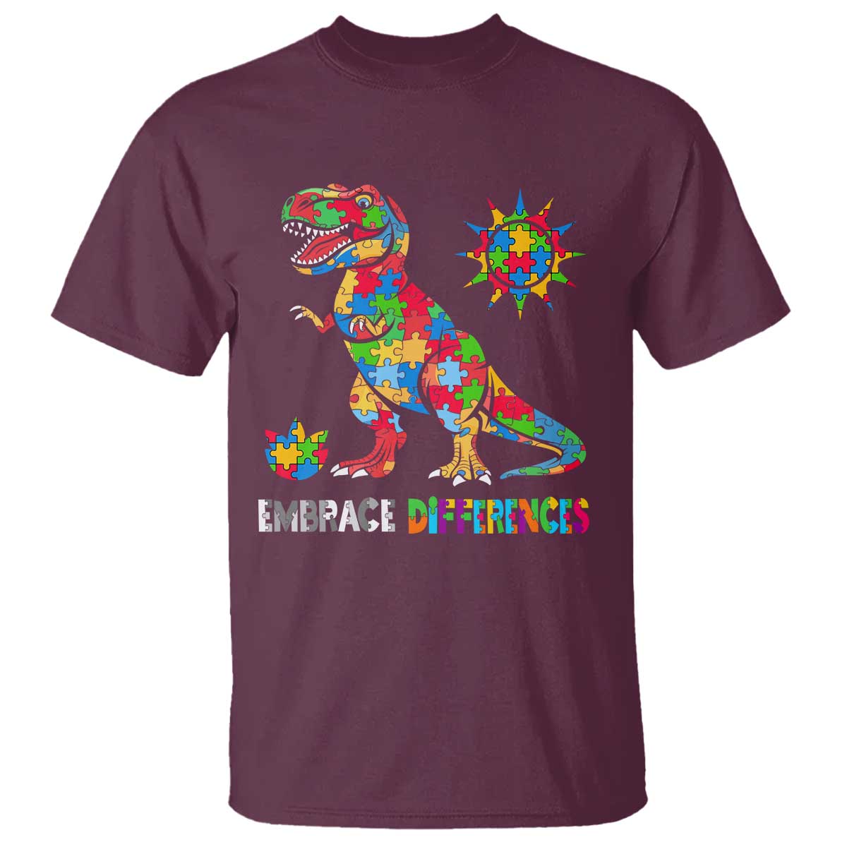 Funny Autism Awareness Embrace Differences T Shirt Puzzle Dinosaur TS11 Maroon Print Your Wear