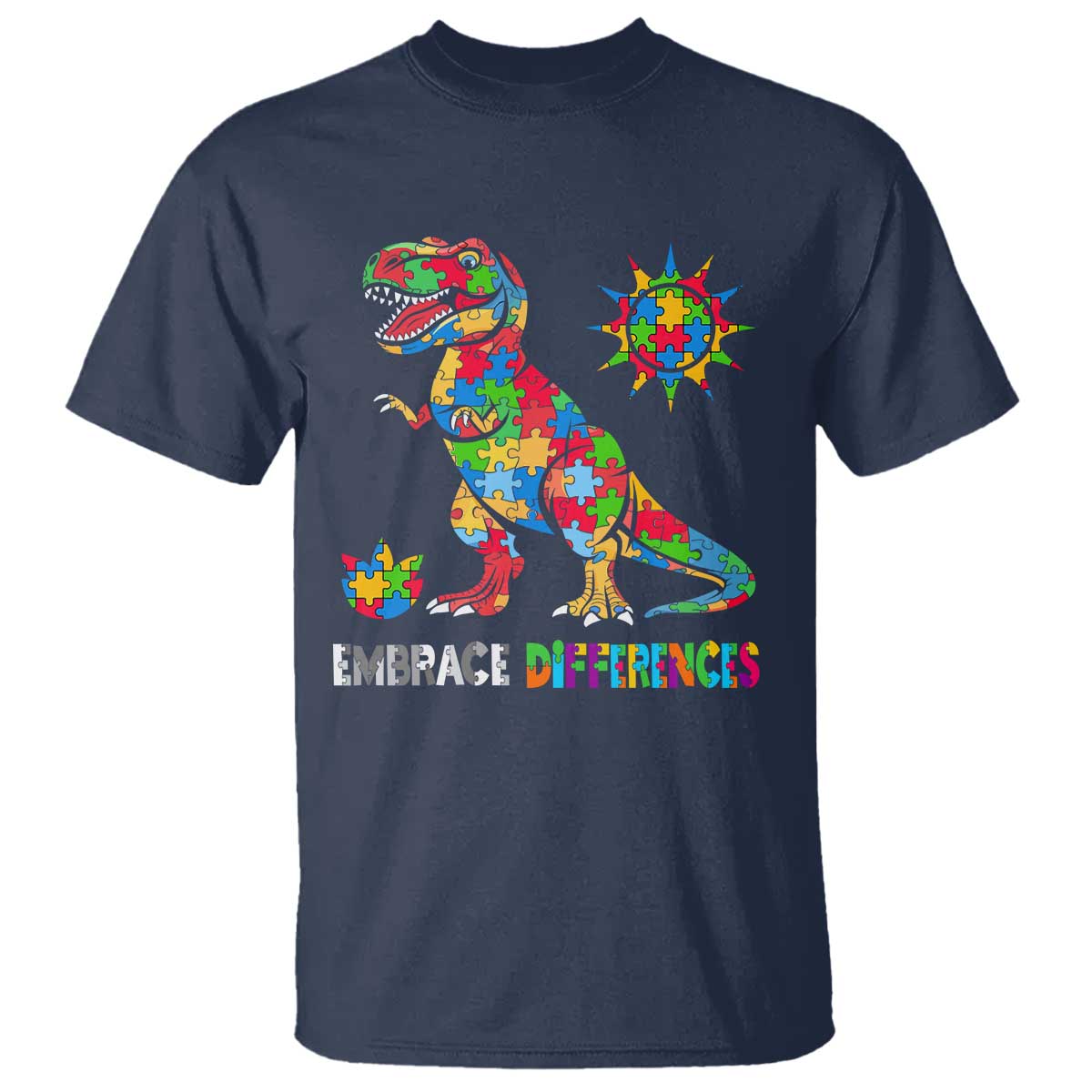 Funny Autism Awareness Embrace Differences T Shirt Puzzle Dinosaur TS11 Navy Print Your Wear