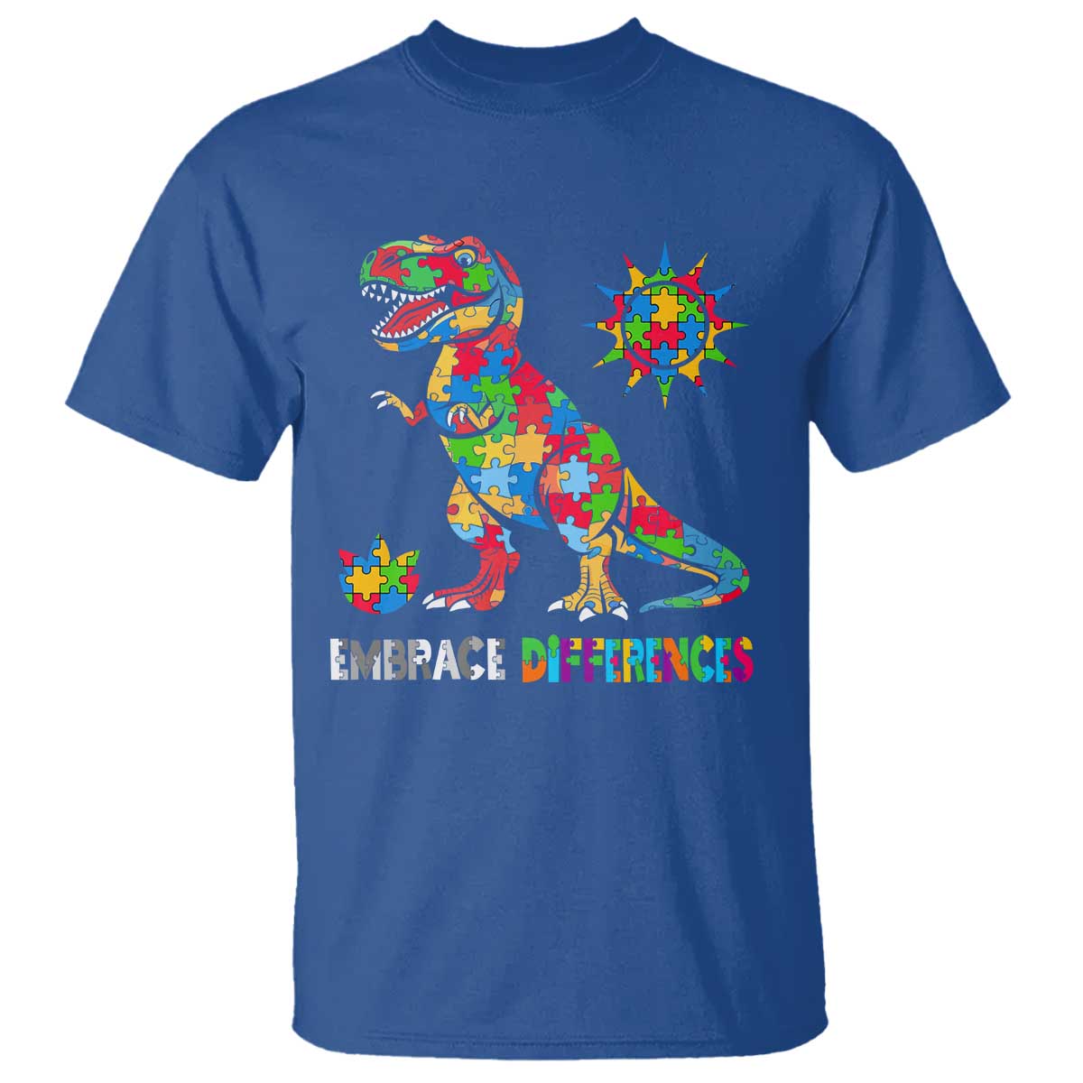 Funny Autism Awareness Embrace Differences T Shirt Puzzle Dinosaur TS11 Royal Blue Print Your Wear