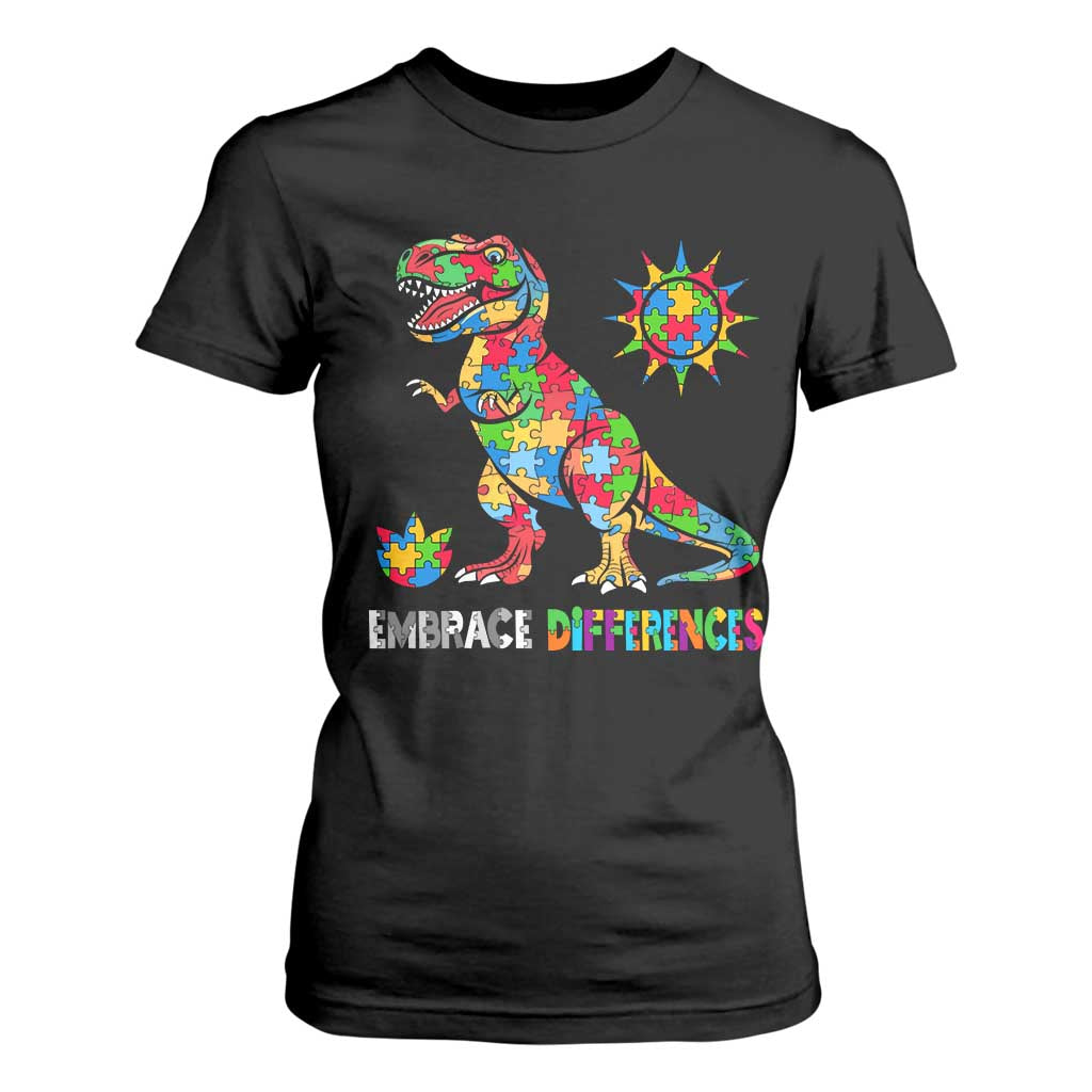 Funny Autism Awareness Embrace Differences T Shirt For Women Puzzle Dinosaur TS11 Black Print Your Wear