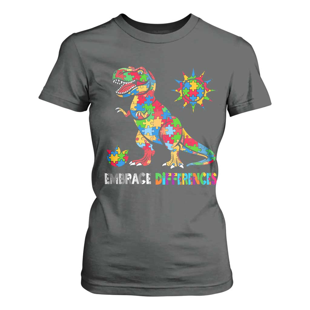 Funny Autism Awareness Embrace Differences T Shirt For Women Puzzle Dinosaur TS11 Dark Heather Print Your Wear
