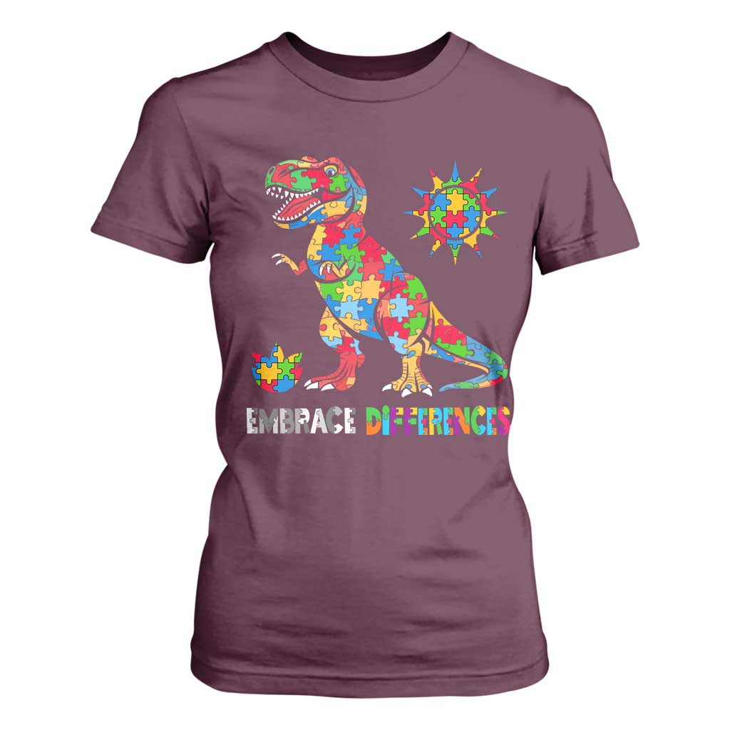 Funny Autism Awareness Embrace Differences T Shirt For Women Puzzle Dinosaur TS11 Maroon Print Your Wear