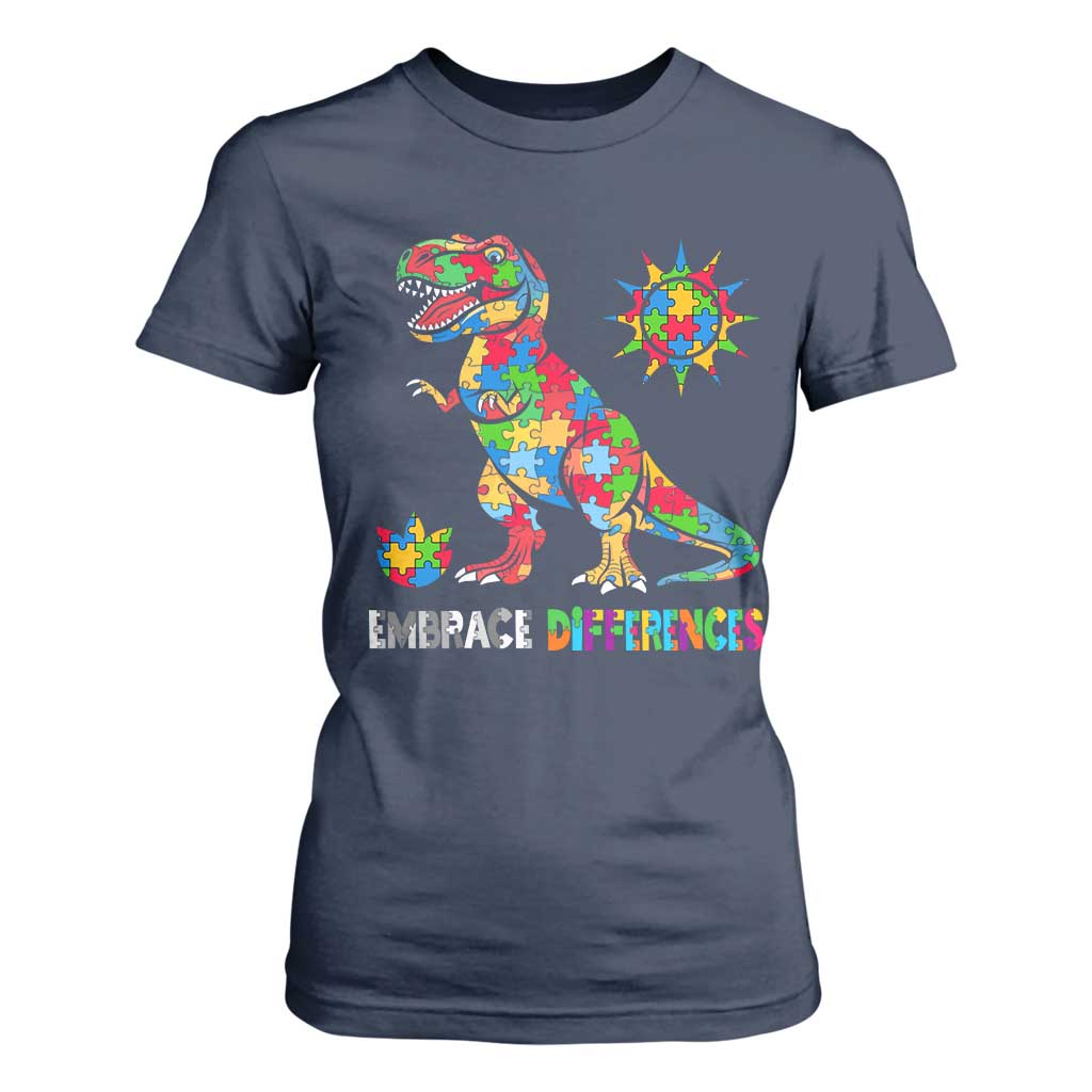 Funny Autism Awareness Embrace Differences T Shirt For Women Puzzle Dinosaur TS11 Navy Print Your Wear