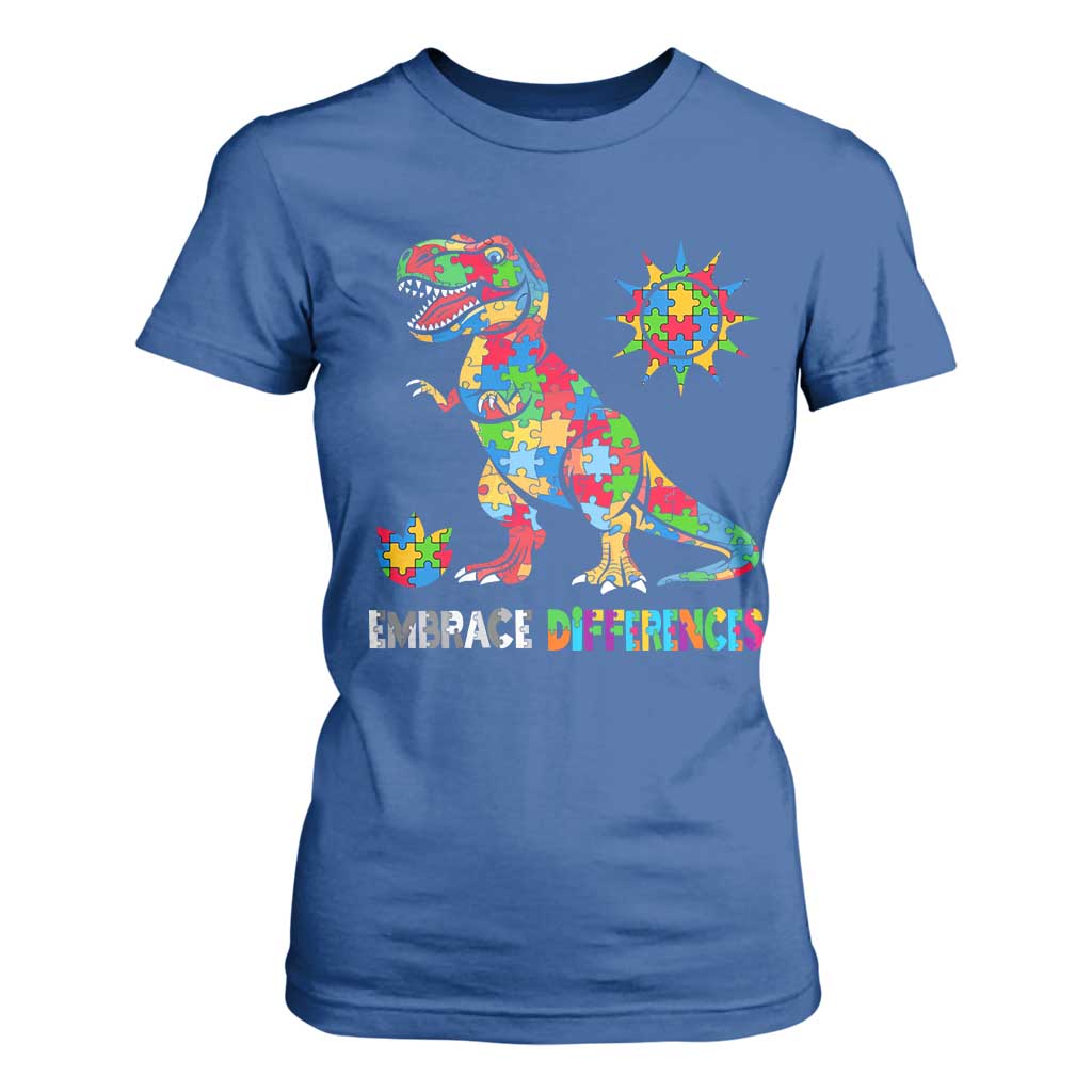 Funny Autism Awareness Embrace Differences T Shirt For Women Puzzle Dinosaur TS11 Royal Blue Print Your Wear