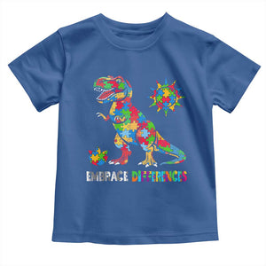 Funny Autism Awareness Embrace Differences Toddler T Shirt Puzzle Dinosaur TS11 Royal Blue Print Your Wear