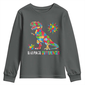 Funny Autism Awareness Embrace Differences Youth Sweatshirt Puzzle Dinosaur TS11 Dark Heather Print Your Wear