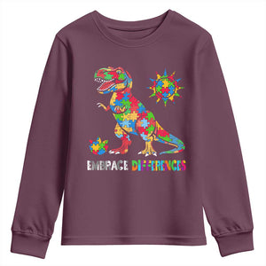 Funny Autism Awareness Embrace Differences Youth Sweatshirt Puzzle Dinosaur TS11 Maroon Print Your Wear
