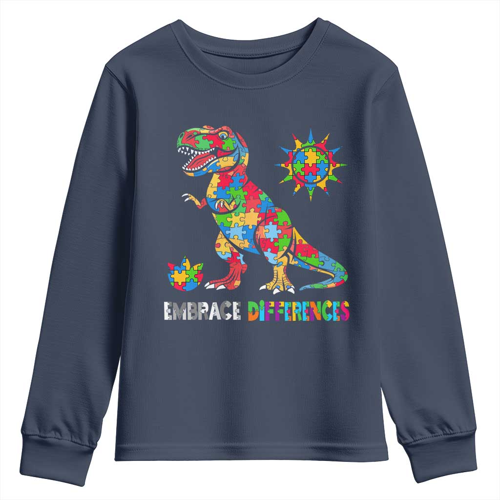 Funny Autism Awareness Embrace Differences Youth Sweatshirt Puzzle Dinosaur TS11 Navy Print Your Wear