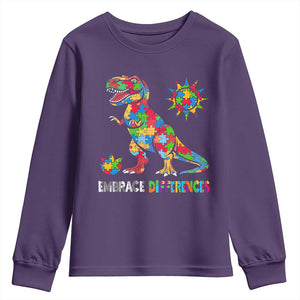 Funny Autism Awareness Embrace Differences Youth Sweatshirt Puzzle Dinosaur TS11 Purple Print Your Wear