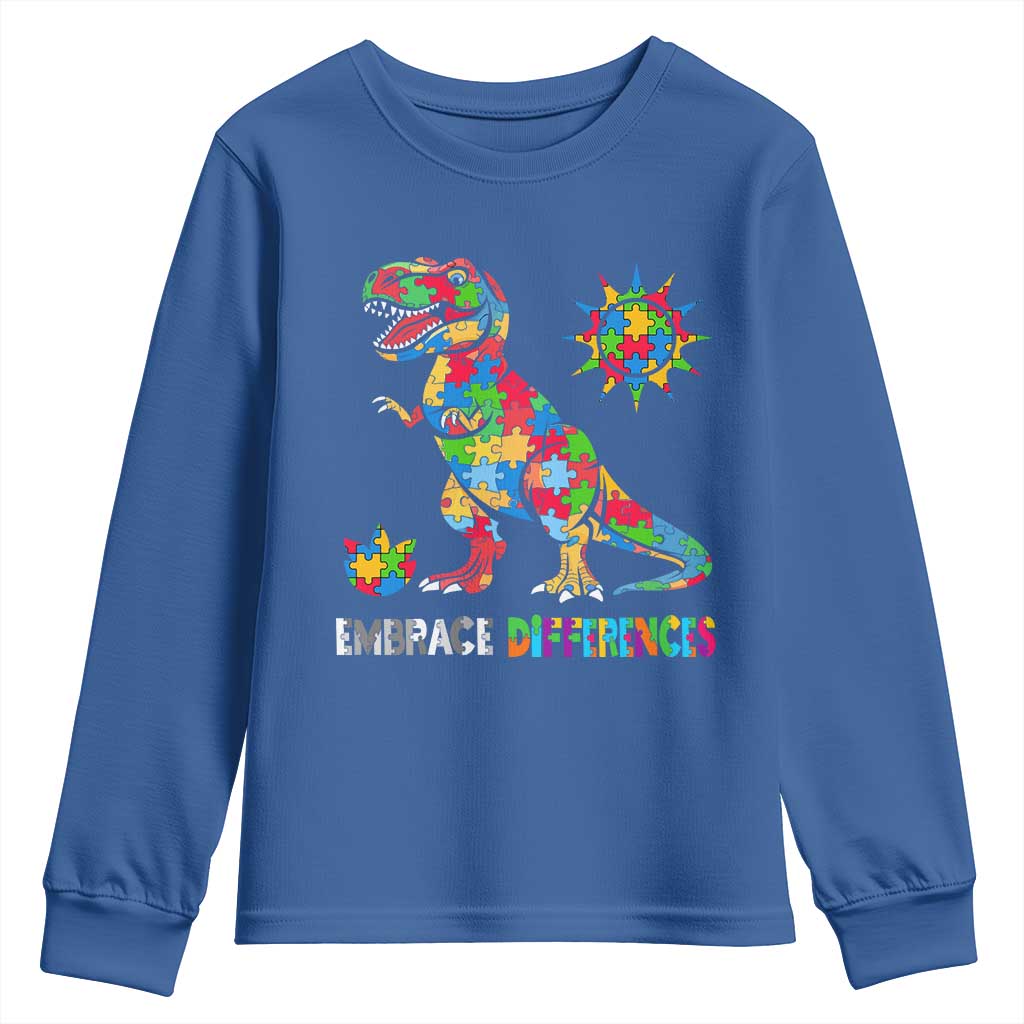 Funny Autism Awareness Embrace Differences Youth Sweatshirt Puzzle Dinosaur TS11 Royal Blue Print Your Wear