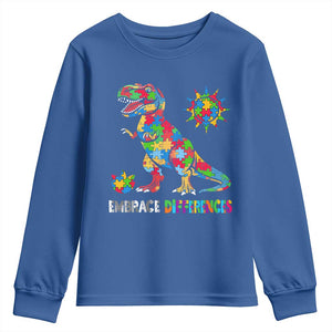 Funny Autism Awareness Embrace Differences Youth Sweatshirt Puzzle Dinosaur TS11 Royal Blue Print Your Wear