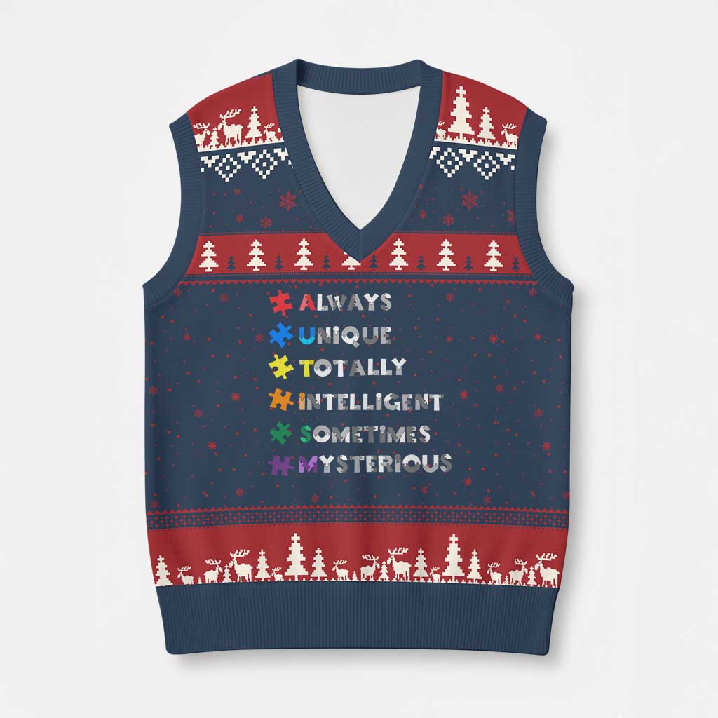 Funny Autism Awareness V-Neck Knit Sweater Vest Always Unique Totally Intelligent Sometimes Mysterious TS11 Navy Red Print Your Wear