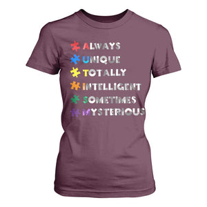 Funny Autism Awareness T Shirt For Women Always Unique Totally Intelligent Sometimes Mysterious TS11 Maroon Print Your Wear