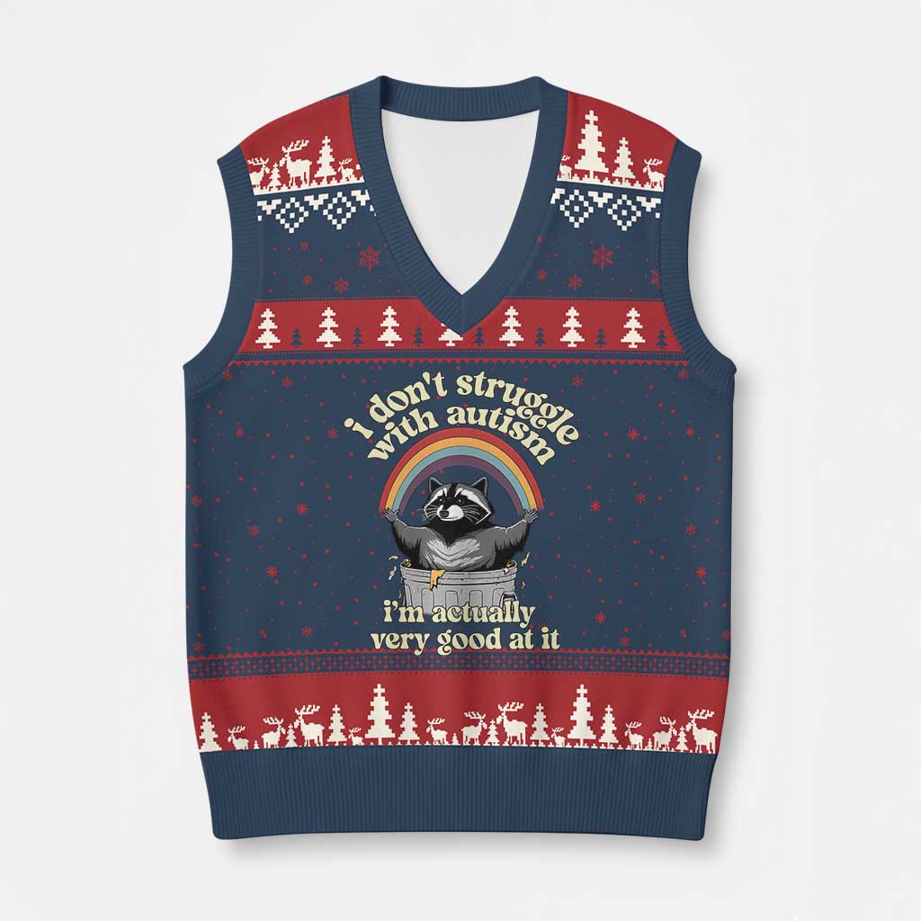 Funny I Don't Struggle With Autism I'm Actually Very Good At It V-Neck Knit Sweater Vest Autistic Racoon TS11 Navy Red Print Your Wear